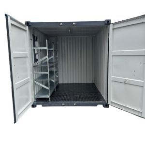 10 Fuß Lagercontainer mit Schwerlastregalen + Strompaket