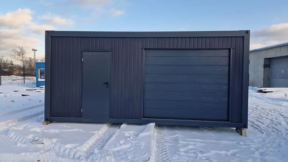 Werkstattcontainer als mobile Garage, anthrazitfarbene Außenhaut mit Sektionaltor und Nebeneingangstür